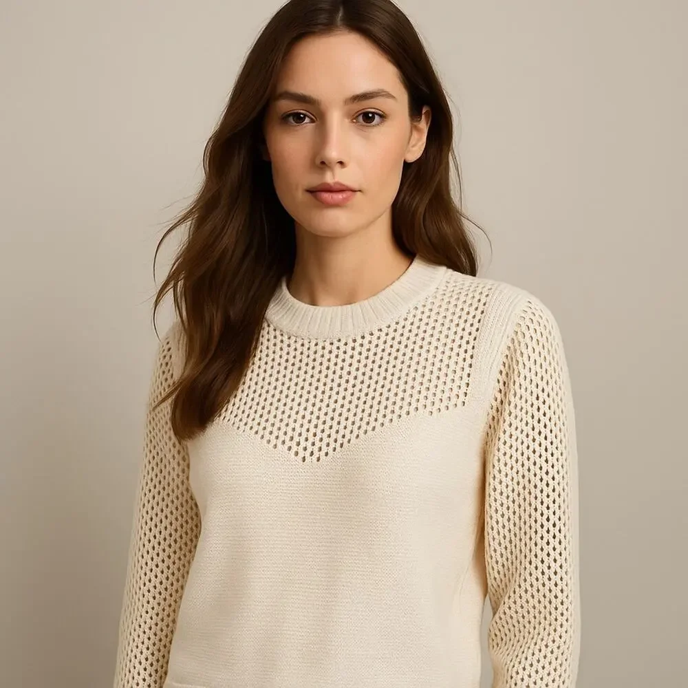ZARA Cream Open Knit Sweater Large NWT Crochet Mesh Long Sleeve Pullover Top - Picture 2 of 9